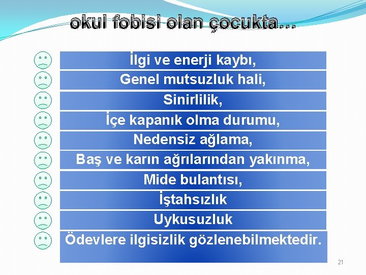 okul fobisi olan çocukta… İlgi ve enerji kaybı, Genel mutsuzluk hali, Sinirlilik, İçe kapanık