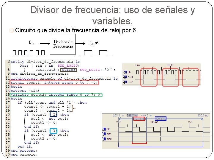 Divisor de frecuencia: uso de señales y variables. � Circuito que divide la frecuencia