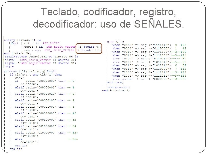 Teclado, codificador, registro, decodificador: uso de SEÑALES. 