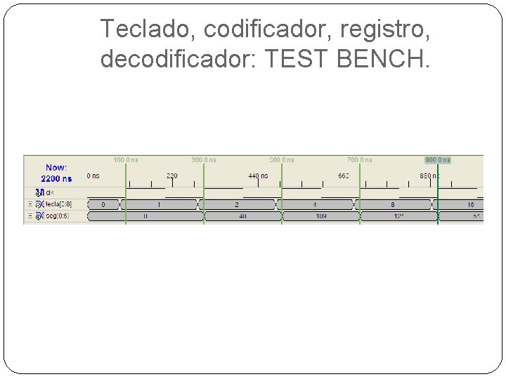 Teclado, codificador, registro, decodificador: TEST BENCH. 