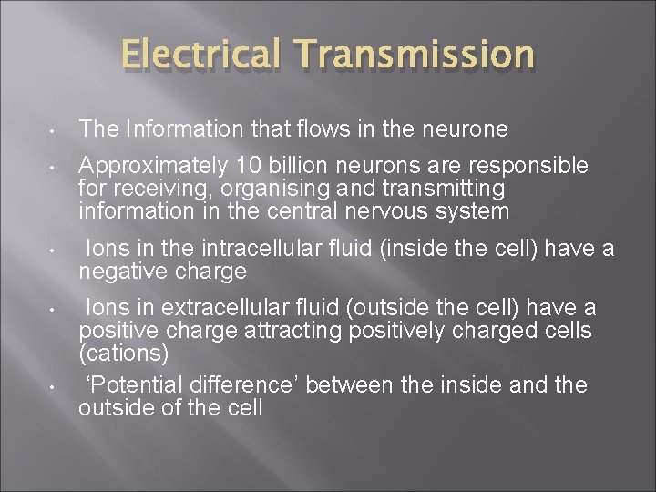 Electrical Transmission • The Information that flows in the neurone • Approximately 10 billion