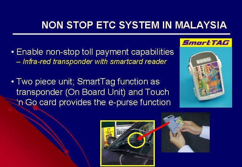 NON STOP ETC SYSTEM IN MALAYSIA • Enable non-stop toll payment capabilities – Infra-red NON STOP ETC SYSTEM IN MALAYSIA • Enable non-stop toll payment capabilities – Infra-red