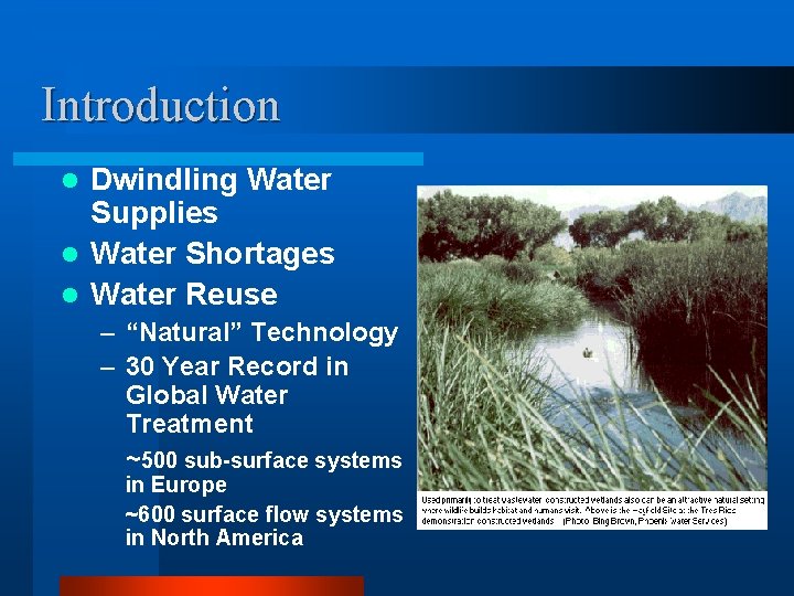 Introduction Dwindling Water Supplies l Water Shortages l Water Reuse l – “Natural” Technology