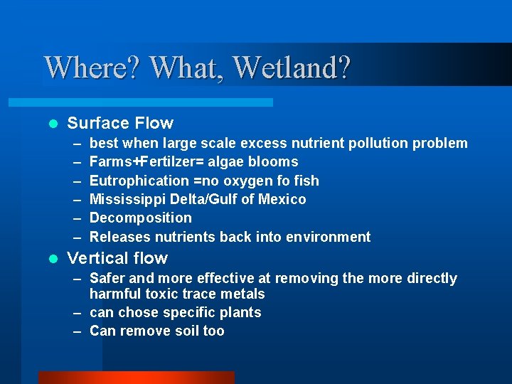 Where? What, Wetland? l Surface Flow – – – l best when large scale