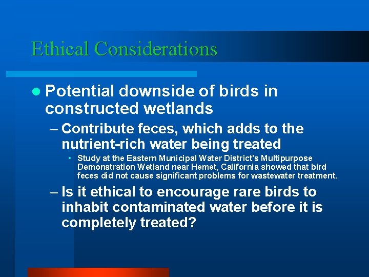 Ethical Considerations l Potential downside of birds in constructed wetlands – Contribute feces, which