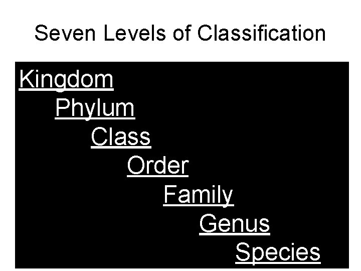 Seven Levels of Classification Kingdom Phylum Class Order Family Genus Species 