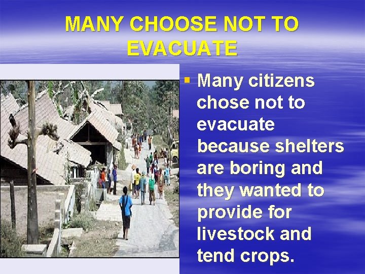 MANY CHOOSE NOT TO EVACUATE § Many citizens chose not to evacuate because shelters