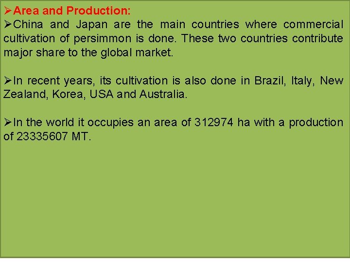 ØArea and Production: ØChina and Japan are the main countries where commercial cultivation of