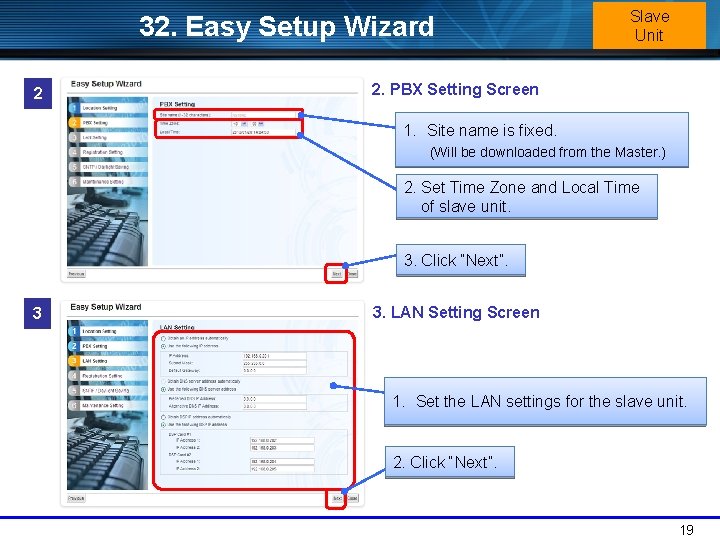 32. Easy Setup Wizard 2 Slave Unit 2. PBX Setting Screen 1. Site name