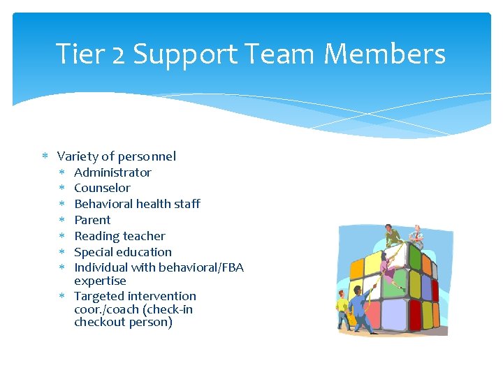 Tier 2 Support Team Members Variety of personnel Administrator Counselor Behavioral health staff Parent Tier 2 Support Team Members Variety of personnel Administrator Counselor Behavioral health staff Parent