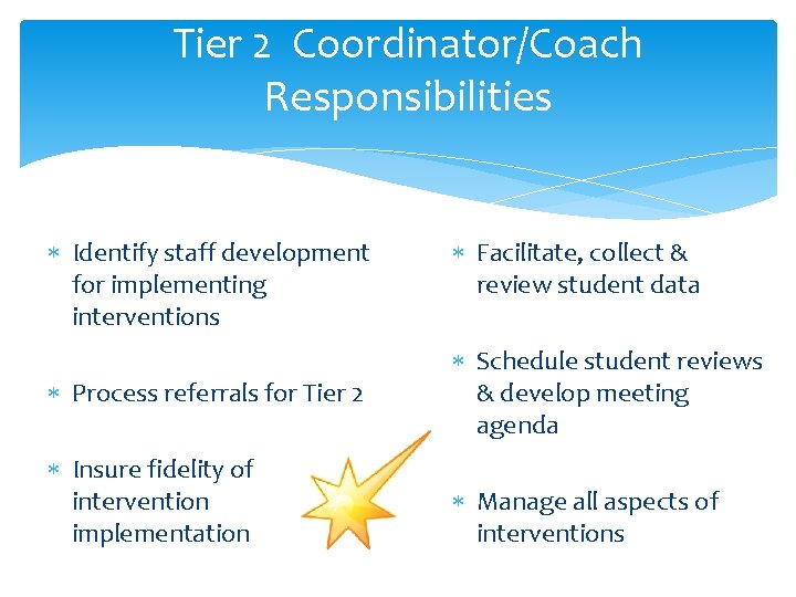 Tier 2 Coordinator/Coach Responsibilities Identify staff development for implementing interventions Process referrals for Tier