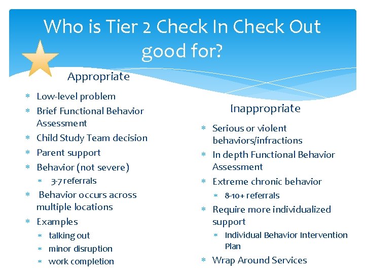 Who is Tier 2 Check In Check Out good for? Appropriate Low-level problem Brief Who is Tier 2 Check In Check Out good for? Appropriate Low-level problem Brief