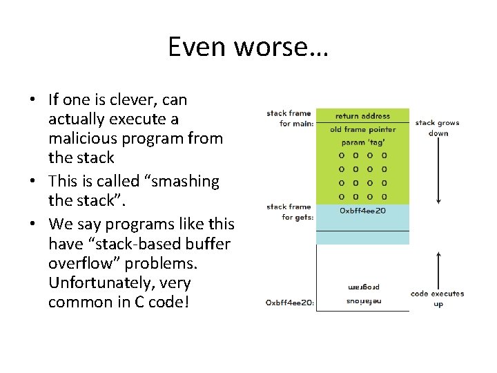 Even worse… • If one is clever, can actually execute a malicious program from
