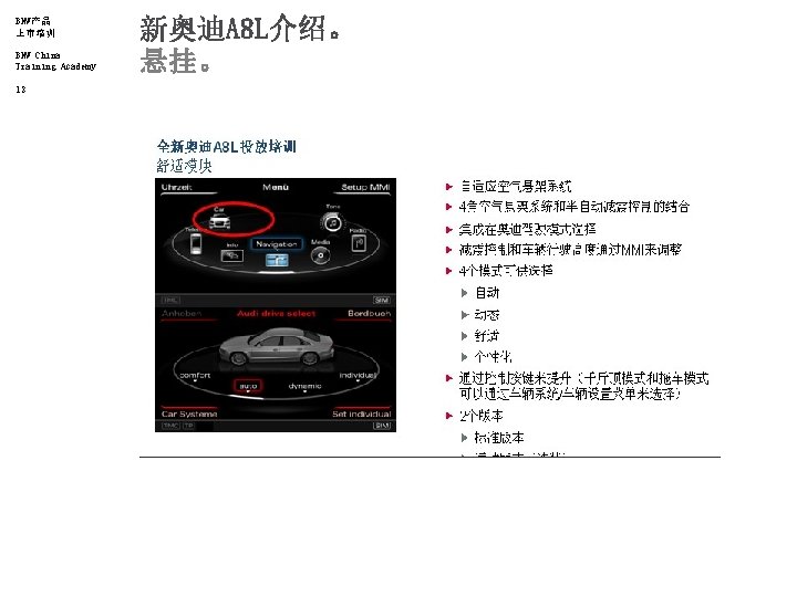 BMW产品 上市培训 BMW China Training Academy 12 新奥迪A 8 L介绍。 悬挂。 