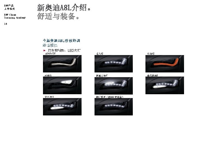 BMW产品 上市培训 BMW China Training Academy 14 新奥迪A 8 L介绍。 舒适与装备。 