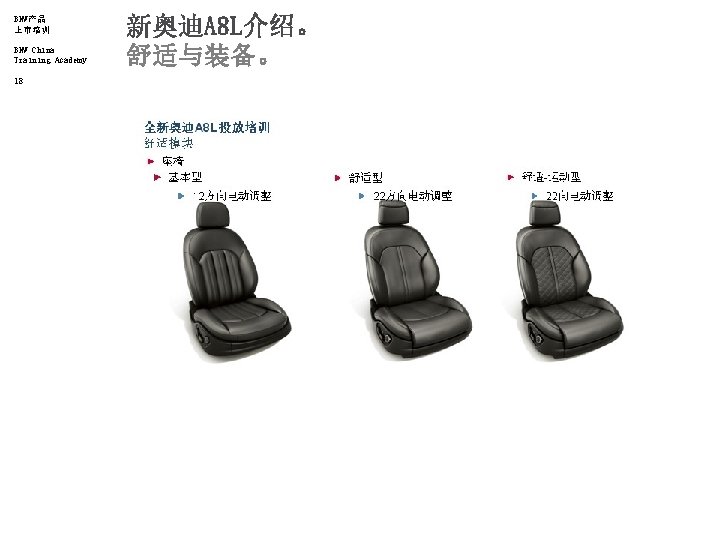 BMW产品 上市培训 BMW China Training Academy 18 新奥迪A 8 L介绍。 舒适与装备。 