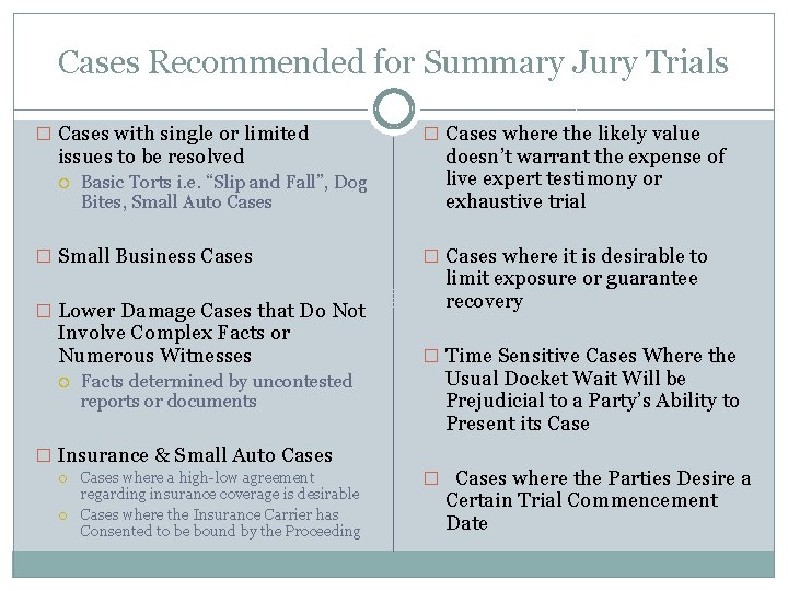 Cases Recommended for Summary Jury Trials � Cases with single or limited issues to