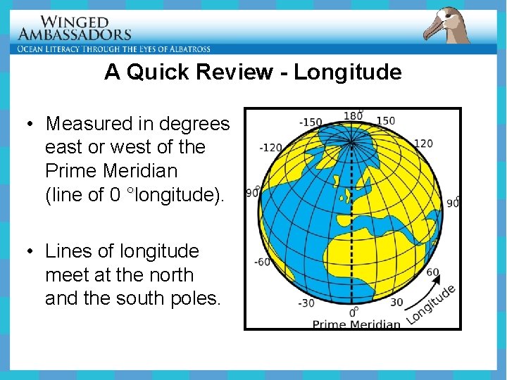 A Quick Review - Longitude • Measured in degrees east or west of the