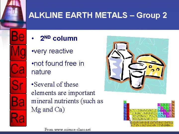 ALKLINE EARTH METALS – Group 2 • 2 ND column • very reactive •