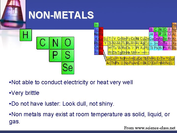 NON-METALS • Not able to conduct electricity or heat very well • Very brittle