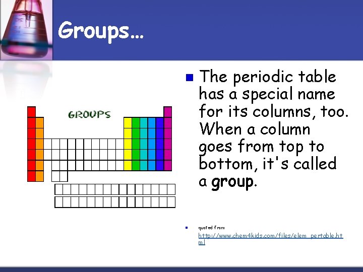 Groups… n n The periodic table has a special name for its columns, too.