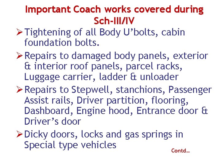 Important Coach works covered during Sch-III/IV Ø Tightening of all Body U’bolts, cabin foundation