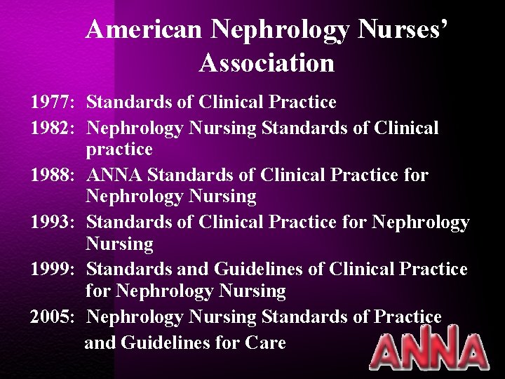 American Nephrology Nurses’ Association 1977: Standards of Clinical Practice 1982: Nephrology Nursing Standards of