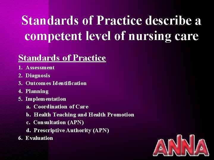 Standards of Practice describe a competent level of nursing care Standards of Practice 1.