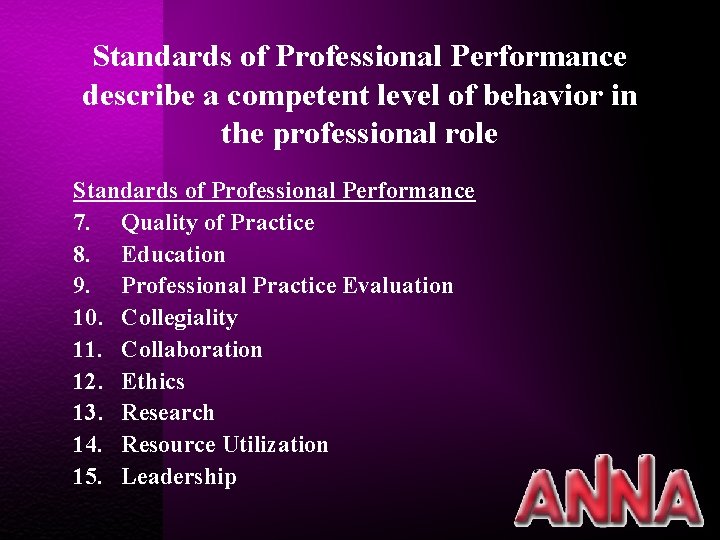 Standards of Professional Performance describe a competent level of behavior in the professional role