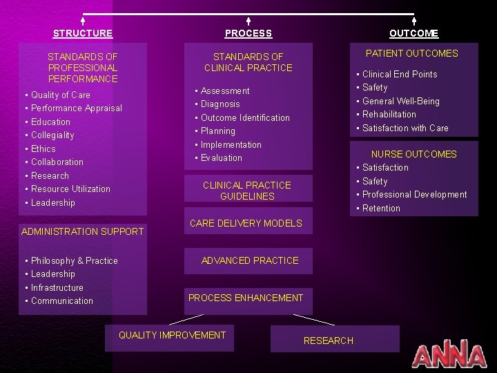 STRUCTURE PROCESS OUTCOME STANDARDS OF PROFESSIONAL PERFORMANCE STANDARDS OF CLINICAL PRACTICE PATIENT OUTCOMES •