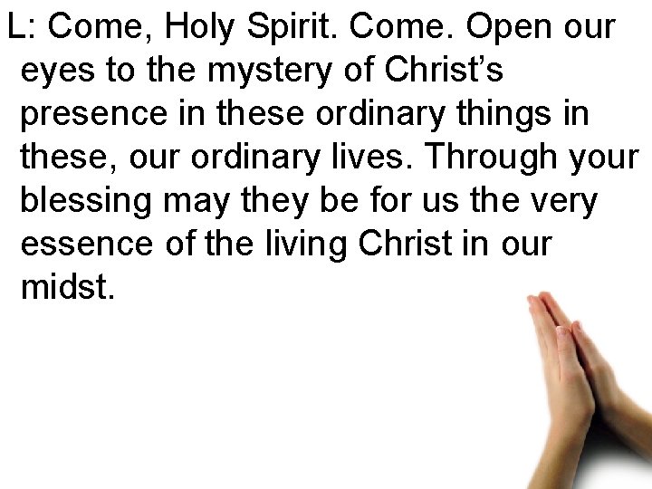 L: Come, Holy Spirit. Come. Open our eyes to the mystery of Christ’s presence