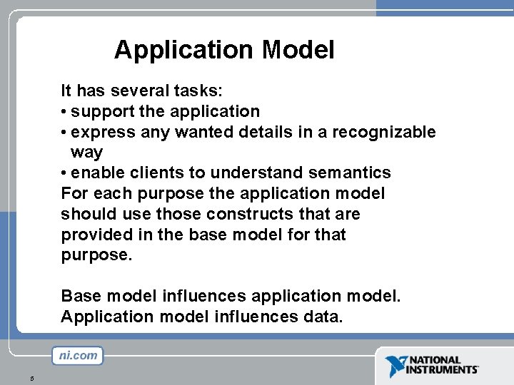 Application Model It has several tasks: • support the application • express any wanted Application Model It has several tasks: • support the application • express any wanted