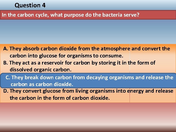 Question 4 In the carbon cycle, what purpose do the bacteria serve? A. They