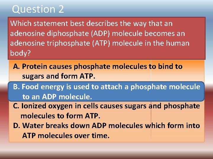 Question 2 Which statement best describes the way that an adenosine diphosphate (ADP) molecule