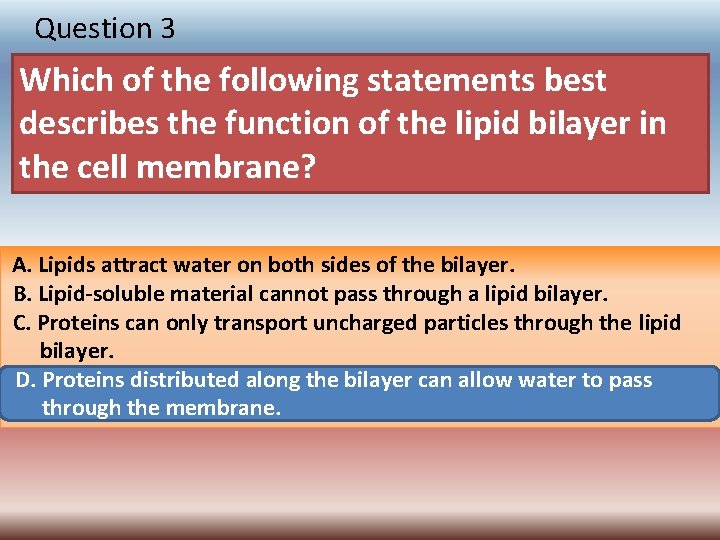 Question 3 Which of the following statements best describes the function of the lipid
