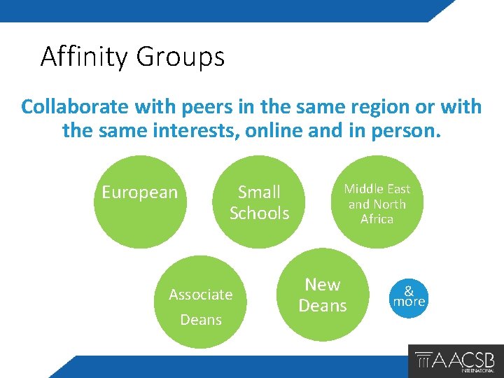 Affinity Groups Collaborate with peers in the same region or with the same interests,