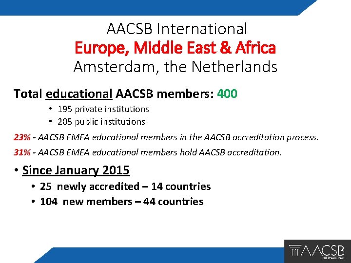 AACSB International Europe, Middle East & Africa Amsterdam, the Netherlands Total educational AACSB members: