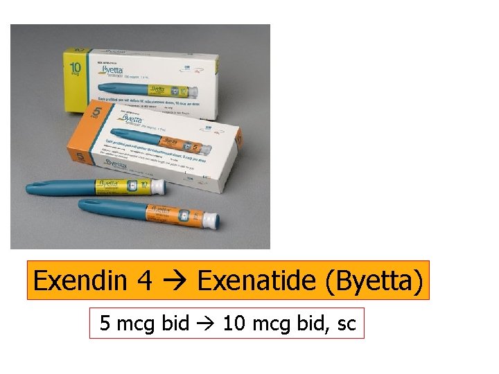 Exendin 4 Exenatide (Byetta) 5 mcg bid 10 mcg bid, sc 