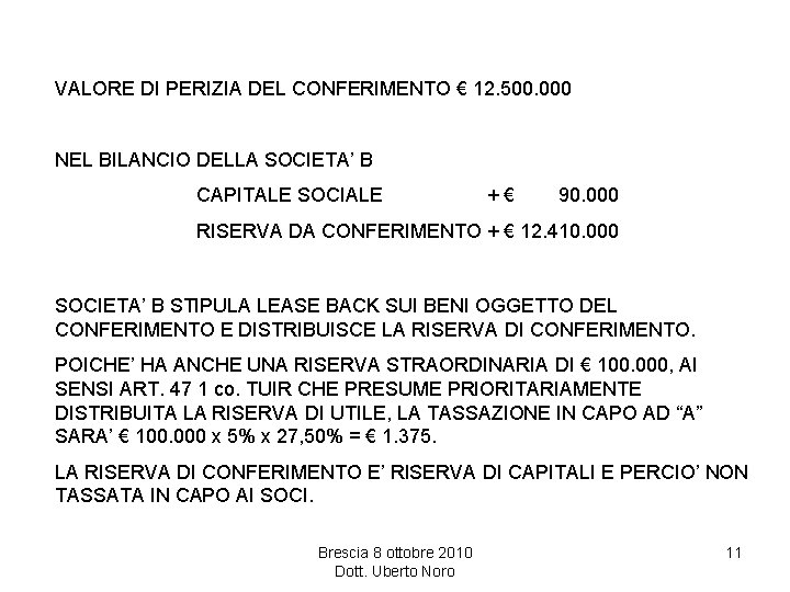 VALORE DI PERIZIA DEL CONFERIMENTO € 12. 500. 000 NEL BILANCIO DELLA SOCIETA’ B