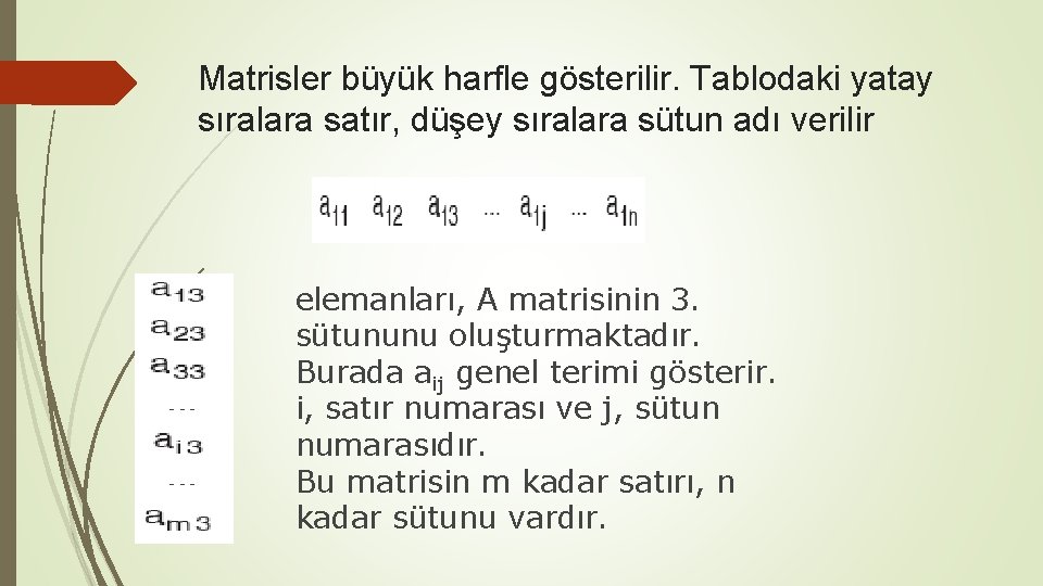 Matrisler büyük harfle gösterilir. Tablodaki yatay sıralara satır, düşey sıralara sütun adı verilir elemanları,