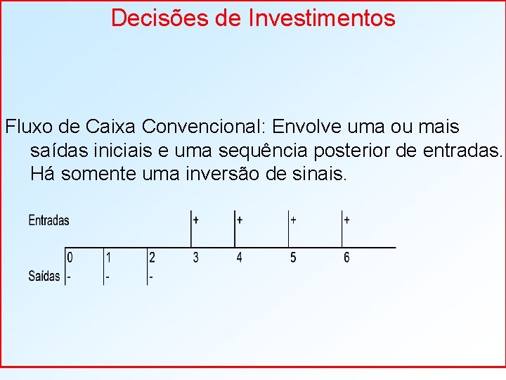 Decisões de Investimentos Fluxo de Caixa Convencional: Envolve uma ou mais saídas iniciais e