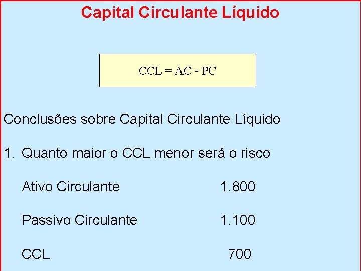 Capital Circulante Líquido CCL = AC - PC Conclusões sobre Capital Circulante Líquido 1.