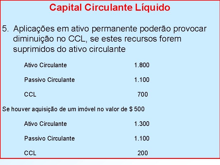 Capital Circulante Líquido 5. Aplicações em ativo permanente poderão provocar diminuição no CCL, se