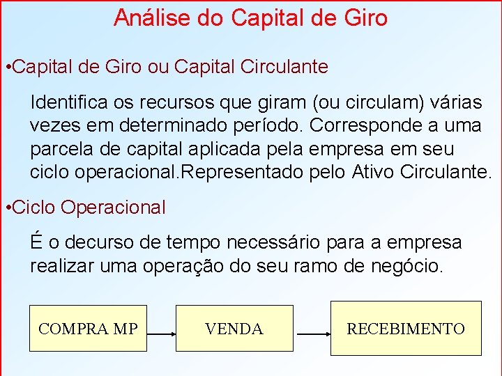 Análise do Capital de Giro • Capital de Giro ou Capital Circulante Identifica os