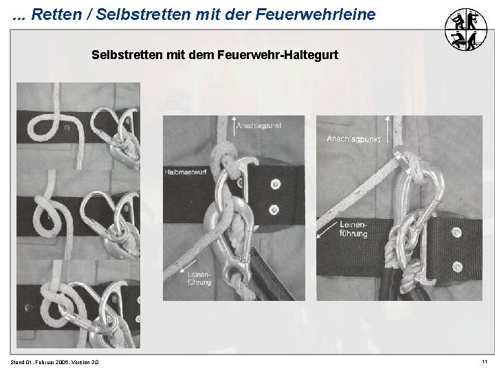 . . . Retten / Selbstretten mit der Feuerwehrleine Selbstretten mit dem Feuerwehr-Haltegurt Stand