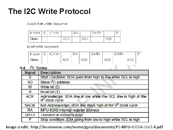 The I 2 C Write Protocol Image credit: http: //invensense. com/mems/gyro/documents/PS-MPU-6000 A-00 v 3.