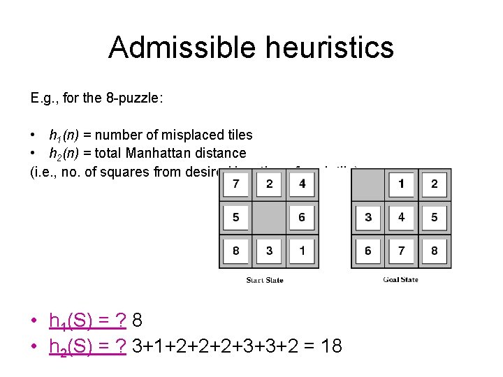 Admissible heuristics E. g. , for the 8 -puzzle: • h 1(n) = number