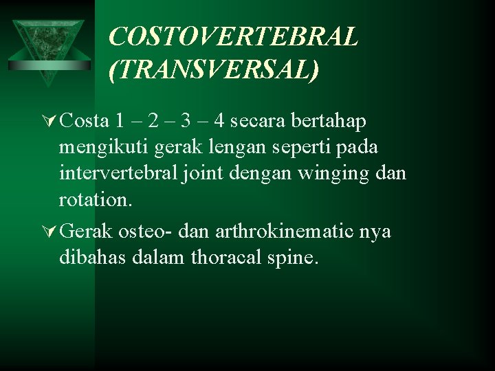 COSTOVERTEBRAL (TRANSVERSAL) Ú Costa 1 – 2 – 3 – 4 secara bertahap mengikuti