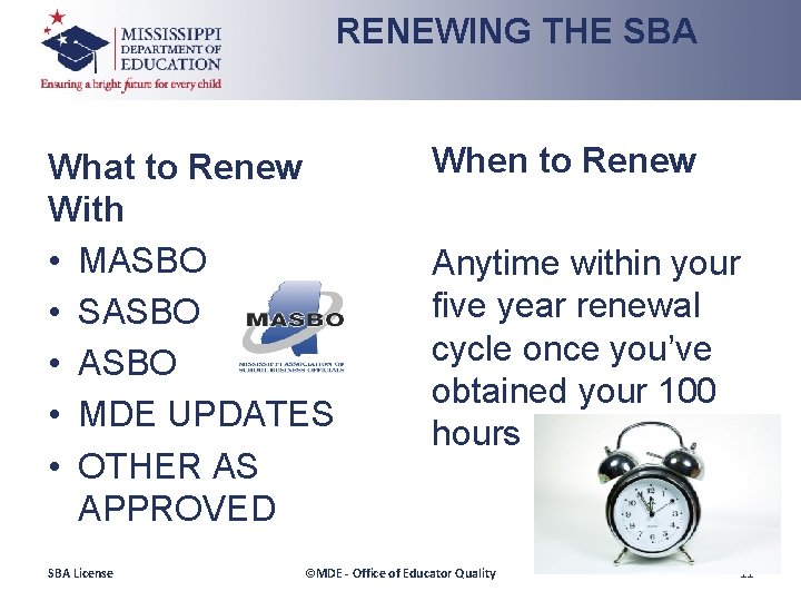 RENEWING THE SBA What to Renew With • MASBO • SASBO • MDE UPDATES