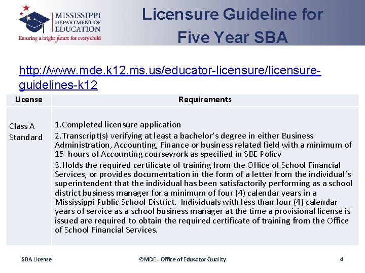 Licensure Guideline for Five Year SBA http: //www. mde. k 12. ms. us/educator-licensure/licensureguidelines-k 12